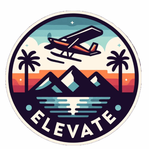 Elevate circle logo with seaplane and mountains